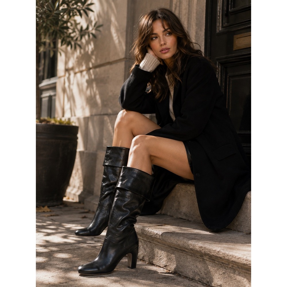 Miu Miu Black Leather Knee High Boots Foldover Cuff Block Heel Italy 41